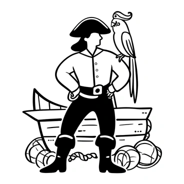 A pirate wearing a tricorn hat stands confidently, with a parrot perched on his shoulder. The parrot has vibrant feathers and is positioned with its beak partially open, as if squawking. The pirate's outfit includes a rugged jacket, a belt with a sword, and a sash tied around his waist. The background features a ship's wooden deck, with ropes and barrels scattered around.