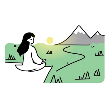 A person sitting cross-legged on the edge of a cliff, wearing a simple white robe. The individual has long black hair, flowing gently in the wind. Below, a vast expanse of green valleys stretches out, dotted with clusters of trees. In the background, towering mountains rise against the sky, their peaks capped with white snow. The sun is setting, casting a warm golden light over the landscape, illuminating the scene with soft hues. The person has their eyes closed, embodying a sense of peace and tranquility in this elevated setting.