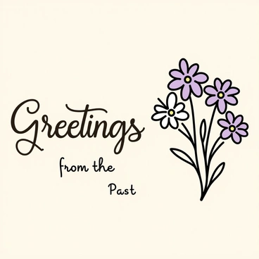 A vintage style postcard featuring illustrated aster flowers and elegant script