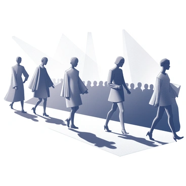 A fashion catwalk scene featuring several models walking in various poses. The figures are represented as fragmented shapes and geometric forms. They wear a variety of high-fashion outfits that have multiple layers and textures. The background includes an audience with abstract forms, capturing the energy of the setting. Spotlights are cast from above, creating sharp contrasts and distinctive shadows on the catwalk.