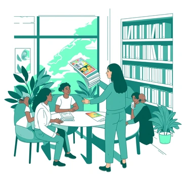 A teal illustration tutor is standing in a bright white library filled with rows of bookshelves. The tutor is holding a stack of colorful art books in their hands, showing them to a diverse group of students sitting at a white round table. The students are engaged, with one taking notes and another reaching out to grab a book from the stack. Sunlight filters through the large windows, casting soft shadows on the floor, while a few potted plants are placed around the library to add a touch of greenery.