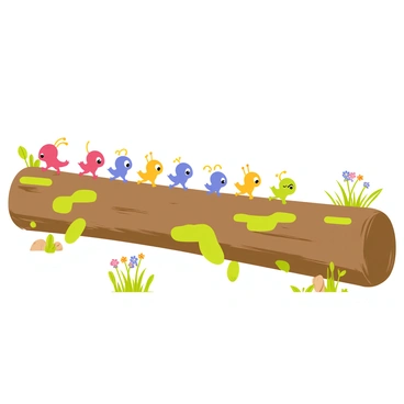 A group of colorful Pikmin, comprising red, blue, and yellow varieties, is seen embarking on an adventure across a large, textured fallen log. The log is covered with patches of green moss and small mushrooms, creating a vibrant environment. Several Pikmin are positioned at different points on the log, some walking confidently, while others appear to be looking around curiously. In the background, hints of lush greenery and clusters of wildflowers can be seen, enhancing the sense of exploration and adventure.