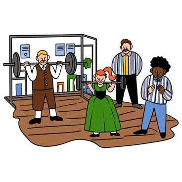 A group of Victorian-era gym-goers in traditional clothing is gathered inside a classic gymnasium. One man with light skin and a well-groomed mustache is wearing a white shirt, brown vest, and knee-length trousers, attempting a squat with a heavy barbell resting on his shoulders. Nearby, a woman with light skin is dressed in a long, flowing dress with a corset, her hair styled in an elegant updo, also trying to perform a squat with a light weighted bar. Another man, with dark skin and curly hair, is wearing a striped shirt and knickerbockers, observing and encouraging them. The gym has wooden floors and vintage exercise equipment in the background.