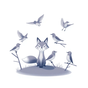 A sly fox with a mischievous grin is positioned on a grassy hill. The fox has a bushy tail curled over its back, and its ears are perked up in curiosity. Around the fox, a flock of birds is gathered on nearby branches and in the air. The birds are varied in size and shape, some perched with their heads tilted as they observe the fox. The scene conveys an interaction between the fox and the birds, suggesting the fox is attempting to charm them with its playful demeanor.