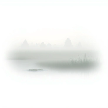 A marsh covered in a thick layer of gentle morning mist. The mist creates a soft, diffused light that filters through the air. Delicate grasses grow sporadically across the marsh, some bending slightly under the weight of the moisture. The water reflects the subdued colors of the environment, and faint silhouettes of distant trees can be seen through the haze. The scene is tranquil, with only a few ripples breaking the surface of the water, suggesting the presence of wildlife unseen.