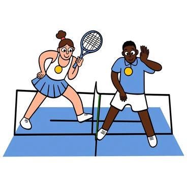 A doubles team on a bright tennis court, consisting of two players in matching outfits. The first player is a light-skinned woman with big eyes and brown hair tied in a bun, wearing a white tank top and a blue tennis skirt, holding a tennis racket poised for action. The second player is a dark-skinned man with big eyes and short hair, dressed in a blue shirt and white shorts, intently watching his partner while preparing to move. They are positioned close to the net, displaying focus and teamwork, with their expressions showing determination as they coordinate a play against their opponents in the background.