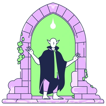 A figure resembling Nosferatu stands under a medieval stone archway. The archway is constructed from large, rough-hewn stones, displaying intricate carvings along its edges. The character has elongated features and pointed ears, with a dark cloak that drapes around his form. His hands are claw-like, resting against the arch's surface. Above him, a source of green light emanates, casting soft shadows along the stone wall and illuminating the scene. The ground below is cobblestone, wet as if recently rained upon. In the background, there are hints of ivy climbing the stonework, adding to the ancient atmosphere.