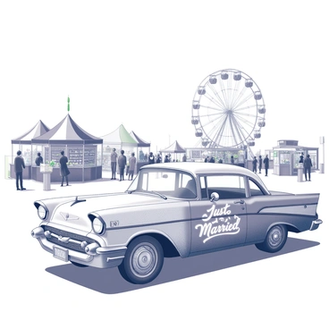 A vintage car adorned with "Just Married" written on the rear window is parked prominently. The car is decorated with white ribbons and flowers, giving it a festive appearance. Surrounding the car, a lively fairground is bustling with activity. In the background, a large Ferris wheel stands tall, filled with passengers enjoying the view. Colorful stalls selling various treats and games are visible nearby. The atmosphere conveys a sense of celebration and joy, with people in the scene interacting and enjoying the fair.