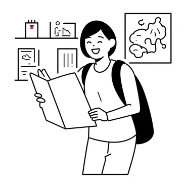 A happy traveler is standing inside a travel agency, holding an open itinerary in their hands. They have a broad smile on their face, with their eyes sparkling in anticipation. The traveler is wearing a casual shirt and comfortable pants, and they have a backpack slung over one shoulder. Around them, there are shelves filled with travel brochures and maps. A poster of a popular travel destination is visible on the wall in the background. The atmosphere suggests a sense of adventure and exploration.