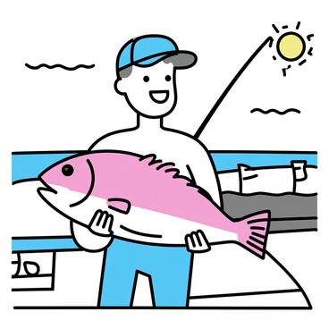 A fisherman, wearing a blue fishing hat and a white shirt, is standing on a wooden boat deck. He has a broad smile on his face as he proudly holds a large redfish, showcasing its vibrant scales. The sun is shining brightly, casting clear shadows on the deck. In the background, there are hints of fishing gear neatly arranged on the boat, and the water glistens under the sunlight.