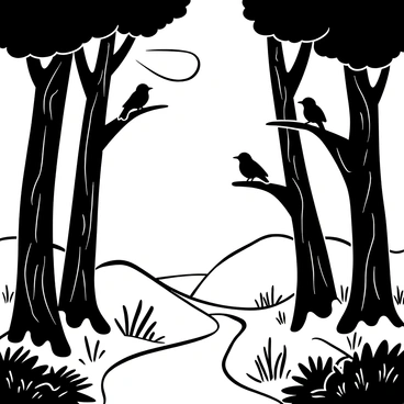 A winding forest path is surrounded by tall trees with detailed bark textures. Sunlight filters through the leaves, casting intricate shadows on the ground. Birds are perched on several branches, their silhouettes distinct against the lightening sky, while they engage in song. The underbrush is dense with ferns and small plants, adding to the depth of the scene. A layer of mist lingers near the ground, creating a soft atmosphere.