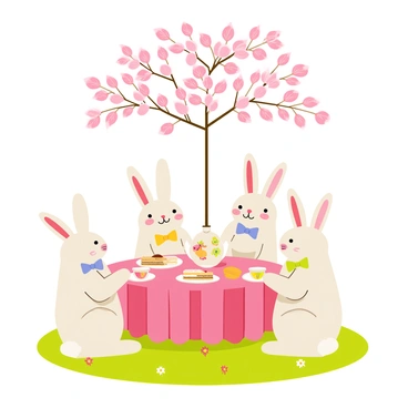A group of five rabbits sitting around a small round table with a pink tablecloth. Each rabbit is wearing a different colored bow tie, such as blue, green, and yellow. On the table, there are various tea cups filled with different colored liquids and a teapot adorned with floral designs. The rabbits are enjoying an assortment of pastries and small sandwiches placed on decorative plates. Above them, a cherry blossom tree with pink flowers is in full bloom, casting soft shadows over the scene. The grass below is vibrant green, with small daisies scattered around.