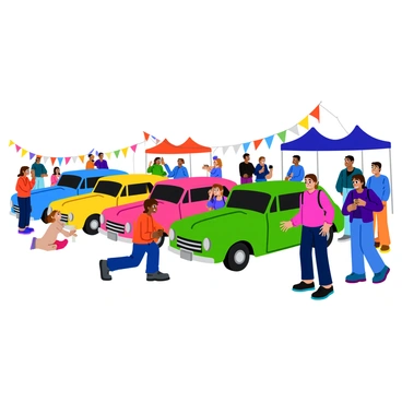 A vintage car show with classic cars lined up and enthusiasts admiring them