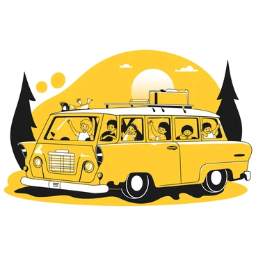 A family of four is sitting inside an old, vintage station wagon. The parents are in the front seats, while two children are in the back, leaning out of the open rear windows, joyfully waving their hands. The scene captures the golden hues of a sunset, with the sky transitioning from yellow to black as the sun dips below the horizon. The station wagon is parked on the side of a winding road surrounded by silhouettes of trees. A picnic basket is resting on the roof of the car, and the tires are slightly dusty, indicating a long journey.