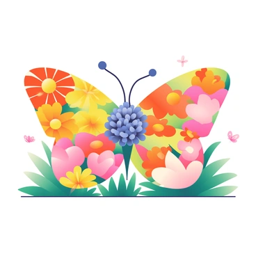 A vibrant garden filled with various flowers is arranged to form the shape of a butterfly. The left wing consists of colorful blooming marigolds in yellow and orange, while the right wing features delicate pink tulips. In the center, a cluster of purple asters represents the butterfly's body. Surrounding the flower arrangement, lush green leaves and grass enhance the vivid colors of the petals. Tiny butterflies flutter above the scene, adding to the lively atmosphere of the garden.