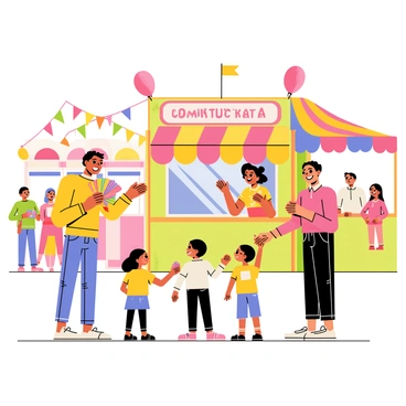 A cheerful family consisting of four members, including a father, mother, and two children, stands in front of a colorful booth at a bustling fair. The father is holding a bunch of brightly colored raffle tickets, while the children eagerly reach towards the booth. The mother has a big smile on her face, looking at the friendly booth operator, who has a welcoming expression and is handing out tickets. The booth is decorated with vibrant balloons and streamers, adding to the festive atmosphere of the fair. Colorful game stalls and happy visitors can be seen in the background, enhancing the lively scene.