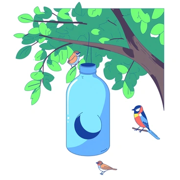 A blue birdhouse made from a recycled plastic bottle is hanging from a sturdy branch of a tree. The bottle is cut and shaped to form an inviting entrance for birds. The tree is lush with green leaves, creating a vibrant backdrop. A few small colorful birds are perched near the birdhouse, looking curiously at their new home. Sunlight filters through the leaves, casting playful shadows on the birdhouse.