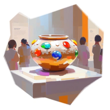 An ancient artifact adorned with cabochon stones displayed in a museum setting