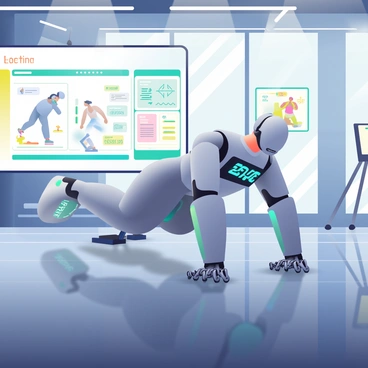 A sleek, silver futuristic robot with articulated limbs is demonstrating how to do burpees in a high-tech environment. The robot has glowing blue accents along its body and a digital display on its chest showing exercise metrics. In the background, there are large screens showcasing workout statistics and holographic displays of various exercise techniques. The floor is made of a shiny, dark surface that reflects the robot's movements, and futuristic gym equipment can be seen in the background, indicating an advanced fitness facility. The robot is captured in mid-action, transitioning from a standing position to a plank position, with its limbs extended gracefully.