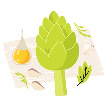 An artichoke with a green, spiky exterior is placed at the center of the composition. Surrounding the artichoke are several cooking ingredients. There are three cloves of garlic, their papery skins slightly peeled back, showcasing the white garlic bulbs. A small glass bottle of golden olive oil is positioned nearby, reflecting light. Fresh herbs in shades of green, such as basil and rosemary, are scattered around the scene, adding vibrant color. The background is a light wooden surface, enhancing the theme of cooking and freshness.