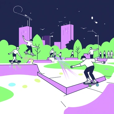A skatepark at night is illuminated by artificial lights. Skateboarders are performing tricks on ramps and grind rails. As they move, they leave trails of "ohr light" in the air, creating vibrant streaks that follow their movements. The ground is marked with various colors from the skateboarders' wheels. In the background, tall structures loom, partially obscured by the night sky, while spectators watch the action from the sidelines. A few trees are scattered around the park, their outlines visible under the ambient light.