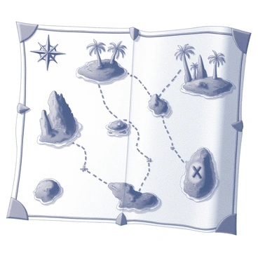 A treasure map featuring several islands scattered across the page. Each island has distinct shapes and varying sizes, with some displaying "whimsical landmarks" such as "palm trees," "rocky cliffs," and "a hidden cave." Dotted trails connect the islands, winding through the terrain and leading to “a large X” marking the treasure's location. The map includes stylized compass rose in one corner and decorative borders that enhance the overall illustration. Each element is clearly drawn, highlighting the adventurous theme of the treasure hunt.