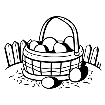 A rustic wicker basket sitting on a wooden table, filled with freshly gathered farm eggs of various sizes. The basket has a slightly weathered appearance, showcasing its natural texture. Surrounding the basket are scattered bits of straw and two eggs resting beside it. Soft shadows are cast on the table, adding depth to the scene. The background features hints of a cozy farm setting, such as a wooden fence and a few blades of grass.