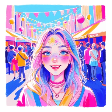A festival setting is filled with colorful decorations and cheerful attendees. In the foreground, a person's face is adorned with vibrant "glitter" that catches the light. Their eyes are accentuated with "bright eye shadow" in shades of blue and pink. The background features "banners" and "balloons" that add to the festive atmosphere, while other festival-goers can be seen enjoying the celebrations.