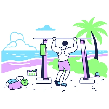 A fitness enthusiast is performing pull-ups on a horizontal bar set up on a sandy beach. The individual has a muscular build and is wearing a tank top and athletic shorts. The bar is firmly anchored in the ground, with the beach stretching out to the side, dotted with a few beach towels and personal belongings. In the background, the ocean waves gently lap against the shore, and a clear sky is visible above, creating a vibrant atmosphere. A few palm trees can be seen swaying lightly in the breeze, framing the scene with tropical elements.