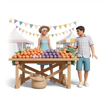 A vibrant farmer's market stall, with a wooden table overflowing with an assortment of fresh sweet potatoes, showcasing a range of orange and purple hues. The stall is decorated with green leaves and rustic burlap sacks. Cheerful customers, a middle-aged woman wearing a straw hat and a light blue sundress, and a young man in a checkered shirt and denim shorts, are examining the produce. The background features more stalls and colorful banners, creating a lively atmosphere.
