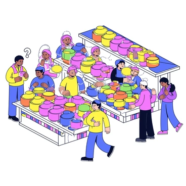 A busy market scene filled with street vendors. Each vendor has a stall displaying an array of bright, colorful Holi powders in various containers. The powders are in vibrant shades of pink, yellow, blue, green, and orange, piled high and arranged attractively. The stalls are made of simple wooden structures, with colorful fabric draped overhead for shade. People are seen interacting, with some selecting powders and others chatting. The atmosphere is lively and energetic, with hints of celebration in the air.