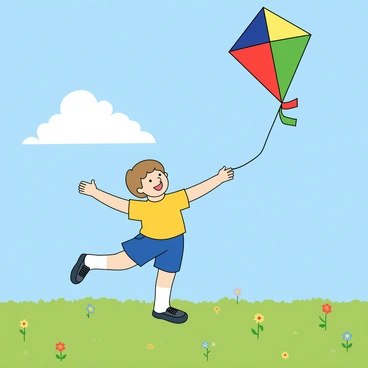 A young child with light brown hair is running joyfully across a wide-open field. The child is wearing a bright yellow t-shirt and blue shorts, with a big smile on their face. In their hands, they are holding a vibrant, multi-colored kite that is soaring high in the clear blue sky. The kite has a triangular shape with bold stripes in red, green, and blue. The grassy field is dotted with wildflowers in various colors, swaying gently in the breeze. A few fluffy white clouds are scattered across the sky, adding to the cheerful atmosphere of the scene.