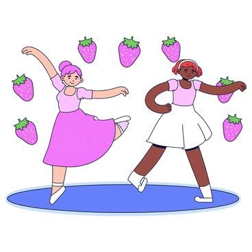 Two ballet dancers are gracefully performing on a stage. One dancer is wearing a light pink tutu and a matching top, while the other dancer is dressed in a white tutu with delicate red accents. The stage backdrop is adorned with vibrant strawberry motifs, featuring large, stylized strawberries with green leaves. The dancers are positioned in an elegant pose, showcasing their form and the fluidity of their movements. The floor of the stage has a glossy finish that reflects the dancers' movements.