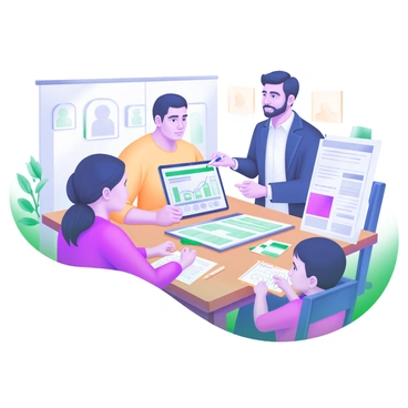 A family is seated around a wooden dining table, engaging in a discussion about insurance policies. The table is set with a few documents and brochures displaying different insurance plans. There are two adults, a man and a woman, actively listening to a knowledgeable insurance agent who is presenting information. The agent is holding a pen and pointing at a chart on a tablet placed on the table. On one side of the table, a child is doodling on a notepad, adding a light-hearted touch to the serious conversation. A soft, warm light fills the room, highlighting the attentive expressions on each person's face. In the background, a cozy home environment is visible, featuring family photos and houseplants.