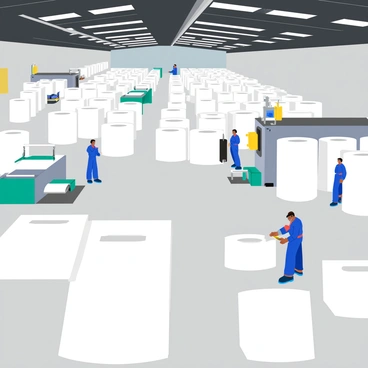 A large paper factory filled with giant rolls of white paper stacked on the production floor. The rolls are cylindrical and have a smooth texture. Machines with shiny metal surfaces are positioned throughout the factory, actively processing and cutting the paper. Some cutting machines are equipped with sharp blades, visibly slicing through the paper sheets. Bright overhead lights illuminate the spacious interior, casting clear shadows on the concrete floor. Workers in blue uniforms are seen operating the machines and monitoring the production process.