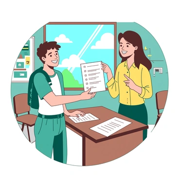 A teal student with a bright smile is confidently handing in a completed white exam paper to a smiling teacher. The teacher, dressed in a yellow shirt, is standing behind a wooden desk and is gesturing approvingly. The classroom has a large window showing a blue sky outside. There are colorful posters on the walls, and a few chairs are visible in the background. The scene conveys a sense of achievement and positivity.