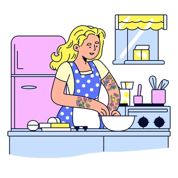 A pin-up girl with long, wavy hair is standing in a bright kitchen. She is wearing a polka-dotted apron over a fitted top. Her arms are adorned with colorful tattoos that are clearly visible as she mixes ingredients in a bowl. The kitchen is equipped with vintage appliances, including a pastel-colored refrigerator and a classic stove. Sunlight streams through a window, casting soft shadows around her. A selection of baking tools is neatly arranged on the countertop beside her.