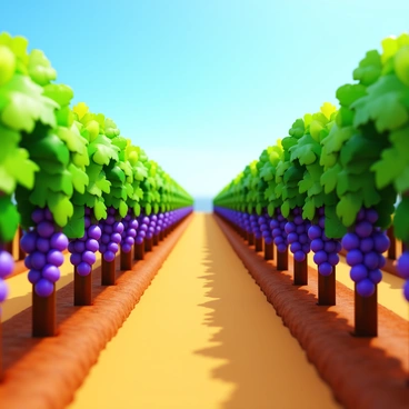 Neat rows of grapevines with lush green leaves stretching across a sunlit vineyard. The grapevines have clusters of ripe purple grapes hanging from their branches. The sunlight casts soft shadows on the ground, highlighting the rich, dark soil in between the rows. In the background, a clear blue sky adds to the vibrant atmosphere of the vineyard.
