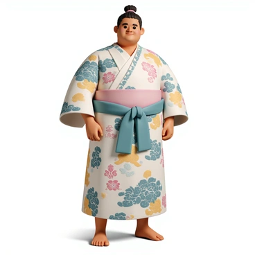 A sumo wrestler stands confidently, proudly displaying an elaborate ceremonial kimono decorated with intricate patterns and vibrant colors. The kimono features traditional motifs, including stylized symbols and embroidery that add depth to the fabric. The wrestler, with a robust physique, has his hair styled in a topknot, emphasizing his strong demeanor. His expression reflects determination and pride. The backdrop is a neutral color to accentuate the vivid details of the kimono and the wrestler's presence.