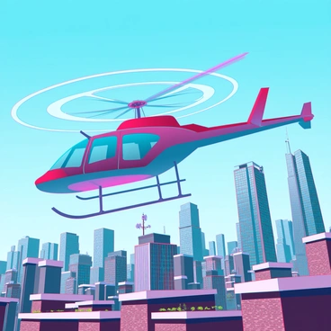 An RC helicopter with sleek, aerodynamic design and vibrant colors is skimming over the rooftops of a crowded urban area. The helicopter's rotor blades are spinning rapidly, creating a dynamic motion effect. Below, a dense cityscape is filled with various buildings, from tall skyscrapers with reflective glass windows to smaller structures with brick facades. The rooftops are dotted with antennas, satellite dishes, and small gardens. People are seen on some rooftops, looking up curiously at the flying helicopter. The sky is clear blue, providing a beautiful contrast to the bustling city below.