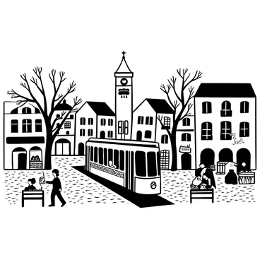 A historic town square filled with cobblestone streets and vintage buildings featuring ornate balconies. An antique tram, with decorative details and an ornate front, moves through the square. People are walking along the sidewalks, some sitting on benches, while street vendors display their items in small stalls. Trees with intricate branches provide shade around the square, and a clock tower stands prominently in the background.