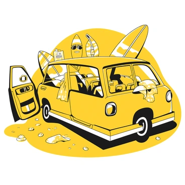 A car interior with sandy floors and beach towels laid across the seats. The dashboard is cluttered with sunscreen and sunglasses. Through the rear window, two surfboards are visible, one with a bright yellow design and the other with a black stripe. The sunlight casts shadows inside the car, highlighting the vibrant textures of the towels and surfboards.