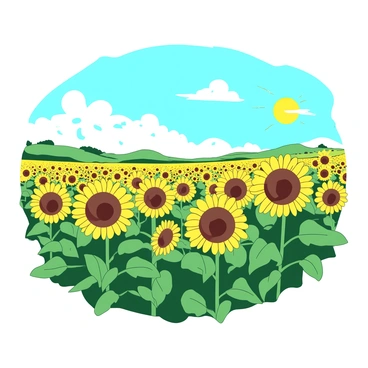 A yellow field of tall sunflowers stretches across the landscape, their large, vibrant heads turned towards the bright sun in the sky. The sunflowers are surrounded by lush green leaves, and the field appears to extend endlessly in every direction. A few fluffy white clouds are scattered in the blue sky, adding depth to the scene. In the foreground, a gentle breeze causes the sunflowers to sway slightly, creating a sense of movement in the vibrant yellow blooms.