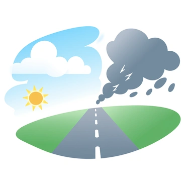 A rural road stretches into the distance, bordered by fields of green grass on either side. On one side of the road, the sky is bright and sunny, with fluffy white clouds scattered against a blue backdrop. On the opposite side, dark storm clouds loom, creating a stark contrast with flashes of lightning visible within the clouds. The road appears to lead directly into the contrasting weather patterns, creating a dividing line between the vibrant sunlight and the ominous storm.