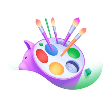 A creative piggy bank shaped like an artist's palette, displaying a vibrant array of paint colors in circular wells. Each color well is filled with a different hue, including bright red, blue, yellow, and green. Emerging from the palette are several paintbrushes, each with distinctive bristle shapes and colorful handles, positioned in an artistic manner. The bottom of the palette has a slot for inserting coins, while the overall design exhibits a playful and imaginative character. The bank is set against a light, pastel background to enhance its artistic theme.