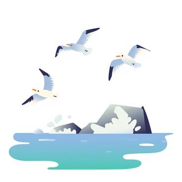 A flock of seagulls with white feathers and grey wings is soaring in the sky. Their wings are spread wide as they glide smoothly through the air. Below, waves are crashing against jagged rocks, creating a frothy white spray. The surface of the water shows various shades of blue and turquoise. The scene captures the movement of both the seagulls and the waves, creating a dynamic coastal atmosphere.