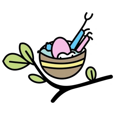 A bird's nest constructed from vibrant plastic straws and various waste materials. The nest is round and has a layered texture, showcasing the different colors of the straws interwoven with scraps of paper and bits of fabric. It is nestled on a branch of a tree, surrounded by green leaves, with a few twigs peeking through the top. A single egg, painted in pastel colors, rests inside the nest, adding a playful touch to the scene.