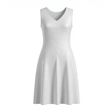 A close-up view of a 3D-printed dress featuring intricate geometric patterns. The dress is made from a smooth, white material that catches the light, highlighting the detailed designs. The geometric patterns are layered and interwoven, creating a dynamic texture across the fabric. The neckline is elegantly shaped, and the edges of the dress have a precise finish, showcasing the craftsmanship of the 3D printing process.