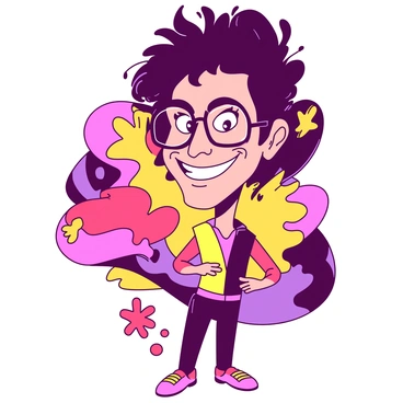 A caricature of a famous celebrity with oversized glasses and a large smile. The celebrity has an exaggerated hairstyle that stands out dramatically. Their outfit is colorful and playful, with bold patterns. The background consists of vibrant shapes and colors that enhance the whimsical nature of the image. The celebrity's pose is dynamic and expressive, adding to the humorous feel of the scene.