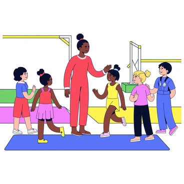 Simone Biles is leading a gymnastics clinic, demonstrating various skills to a group of young gymnasts. She is wearing a vibrant red leotard with her hair tied back in a neat bun. The young gymnasts, dressed in colorful leotards, are gathered around her, attentively watching and practicing their moves. The clinic setting features gym mats in bright colors, and gymnastic equipment like balance beams and uneven bars in the background. Each young gymnast is enthusiastic, trying to imitate Simone’s movements as she offers guidance and encouragement.